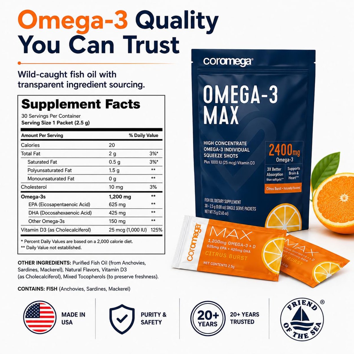 Coromega MAX 2400mg Omega-3 Fish Oil + Vitamin D Squeeze Packets, Wild-Caught, No Fishy Taste - 3X Better Absorption Than Softgels, Supports Brain & Heart Health (30 Servings, Citrus Burst) - görsel 14