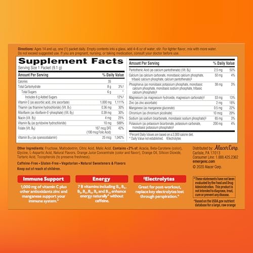 Emergen-C 1000mg Vitamin C Powder, with Antioxidants, B Vitamins and Electrolytes, Vitamin C Supplements for Immune Support, Caffeine Free Drink Mix, Raspberry Flavor - 60 Count/2 Month Supply - görsel 18
