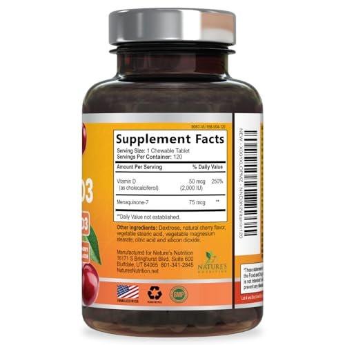 Vitamin D 2000 IU 50mcg Per Tablet - Vitamins D3 & K2 (MK7) Complex Supplement for Bone, Teeth, Muscle, Calcium Absorption, Supports Immune & Heart Health, Chewable Formula USA Bottled - 120 Tablets - görsel 18