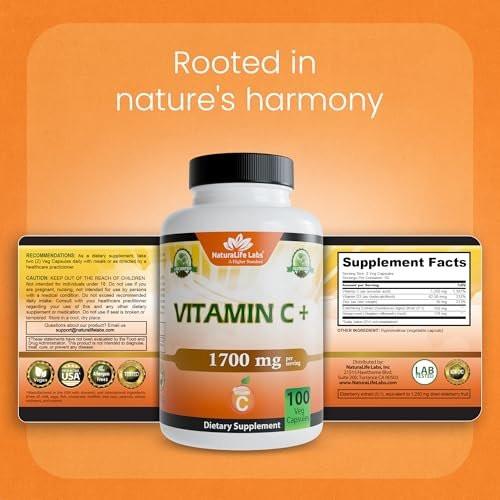 NaturaLife Labs Vitamin C with Vitamin D3, Zinc, Elderberry & Ginger Root – 1,700 mg per Serving – 100 Capsules, Vegan, Non-GMO, Gluten Free - görsel 16