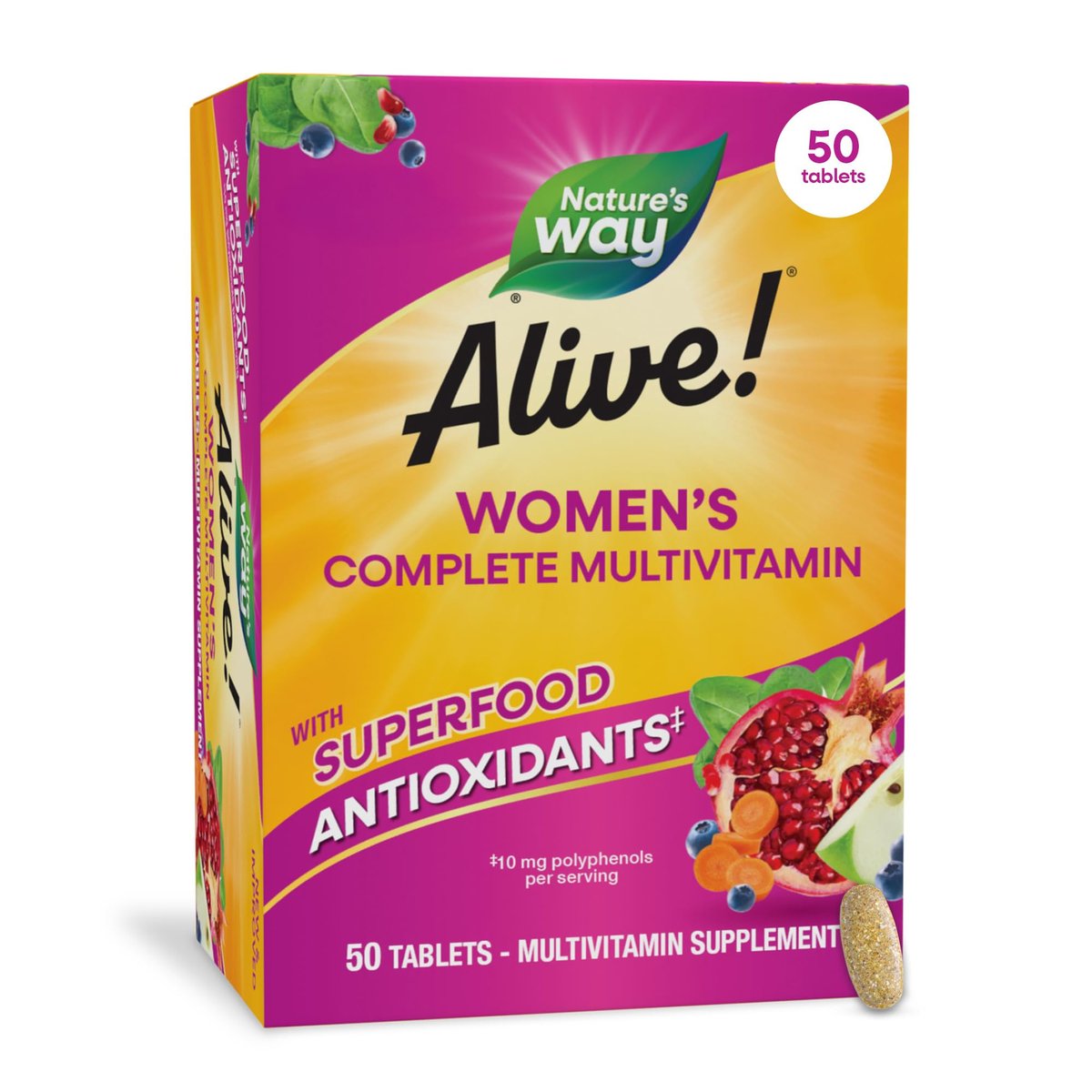Nature's Way Alive! Complete Multivitamin for Women, Daily Women’s Vitamin Supports Cellular Energy Metabolism, Hair, Skin & Nails*, B-Vitamins, with Superfood Antioxidants, 50 Tablets - görsel 16