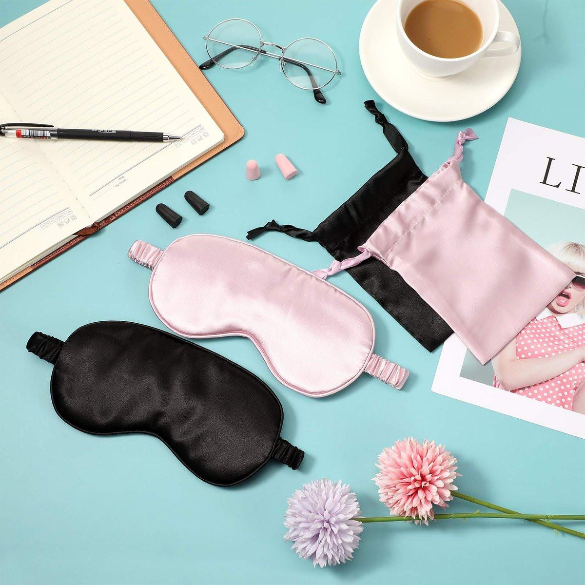 Silk Satin Sleeping Mask Eye Mask Set Include 2 Blindfold Eyeshade Elastic Strap Double Layer Silk Filling Eye Cover 2 Ear Plugs 2 Storage Bags for Women and Men Sleep Travel Nap (Black, Pink) - görsel 14