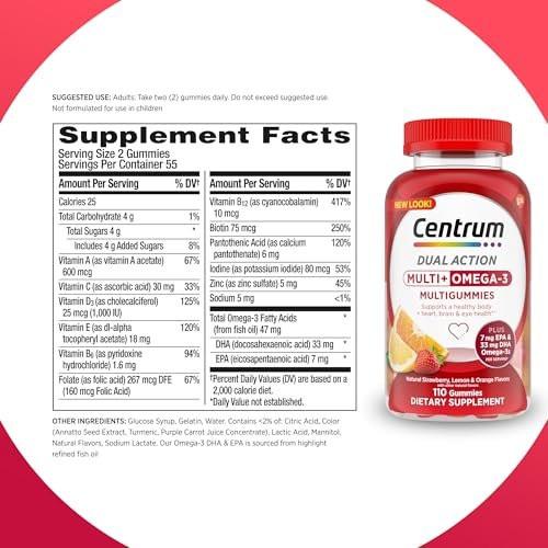 Centrum MultiGummies Multi+ Omega 3 Dual Action, Adult Multivitamin, Multivitamin/Multimineral/Omega 3 Supplement, Strawberry/Lemon/Orange Flavors - 110 Count - görsel 18