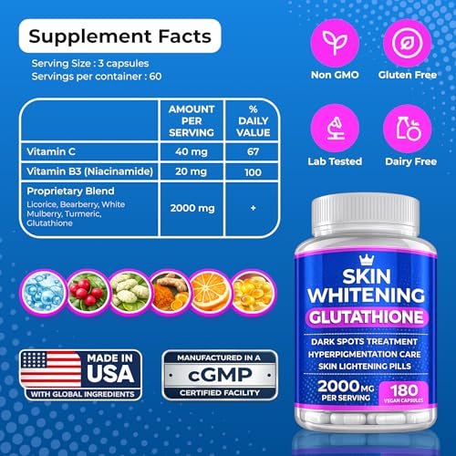 Glutathione Whitening Pills - 180 Capsules 2000mg Glutathione - Effective Skin Lightening Supplement - Dark Spots, Melasma & Acne Scar Remover, Hyperpigmentation Treatment - Anti-Aging Antioxidant - görsel 16