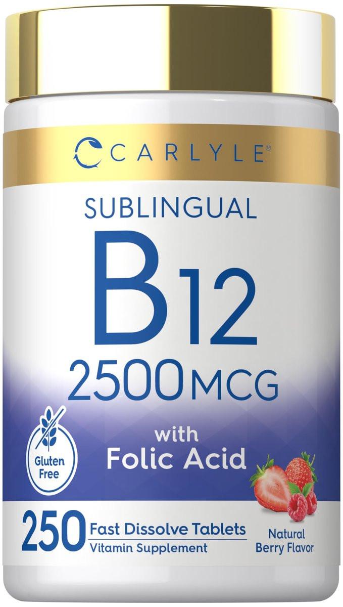 Carlyle Vitamin B12 Sublingual 2500 mcg | 250 Fast Dissolve Tablets | Cyanocobalamin Supplement with Folic Acid for Adults | Natural Berry Flavor | Vegetarian, Non-GMO, and Gluten Free - görsel 12