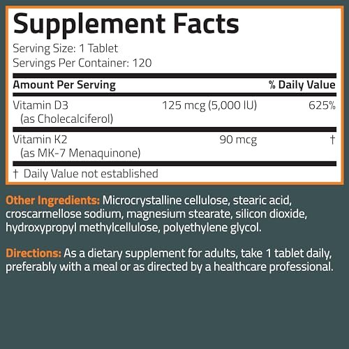 Bronson Vitamin K2 D3 (MK7) Supplement Non-GMO Formula Vitamin D3 5000IU (125 mcg) & 90 mcg K2 MK-7, Easy to Swallow D & K Complex, 120 Tablets - görsel 16