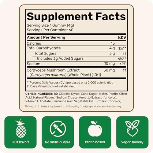 Fungies Cordyceps Mushroom Gummies, Mango & Pineapple Flavor - Mushroom Herbal Supplement Gummy for Adults Supports Endurance, Energy & Performance - Caffeine-Free Energy Gummies - 60 Servings - görsel 16