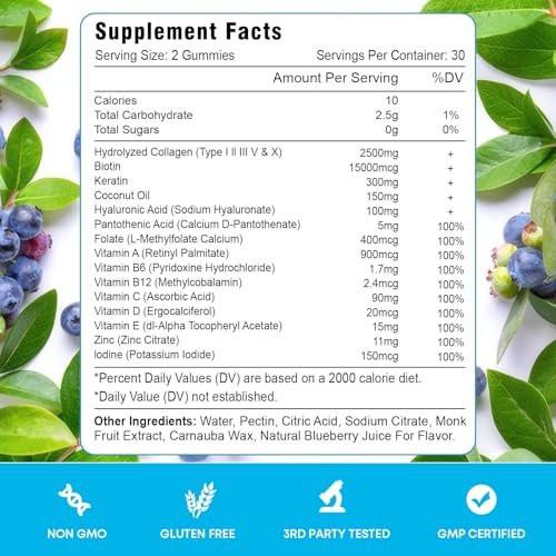 Vazatisi Biotin Gummies with Collagen & Keratin for Hair Skin Nails- Supports Hair Growth and Stronger Nails, Women Men, Kids - 60 Blueberry Flavored Gummies - görsel 12