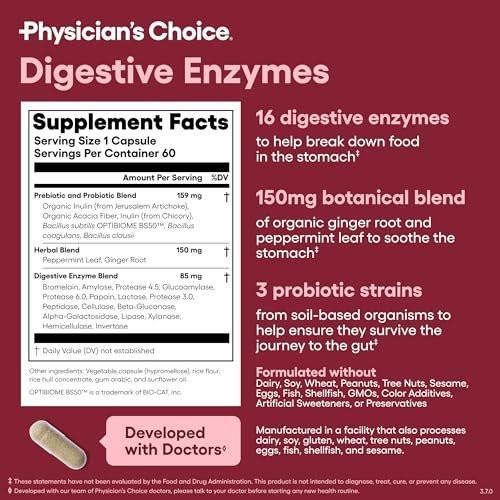 Physician's CHOICE Digestive Enzymes for Bloating & Digestion - Fast-Acting 16 Enzyme Formula with Organic Prebiotics & Probiotics for Gut & Digestive Health - Meal Time Discomfort Relief - 60 CT - görsel 12
