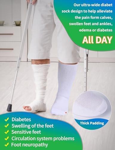 Powbrace 2 Pairs Wide Diabetic Socks for Men Women Plus Size, Lymphedema, Swollen Feet, Edema, Loose Fit, Non-Binding, Bariatric, Hospital Cast - White - görsel 10
