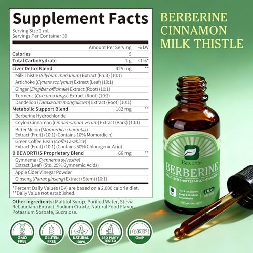 B BEWORTHS Berberine HCL Supplement with Ceylon Cinnamon - Berberine Phytosome Liquid Drops with Turmeric, Ceylon Cinnamon, Bitter Melon, Milk Thistle, Berberine Supplement for Digestion Support - görsel 16
