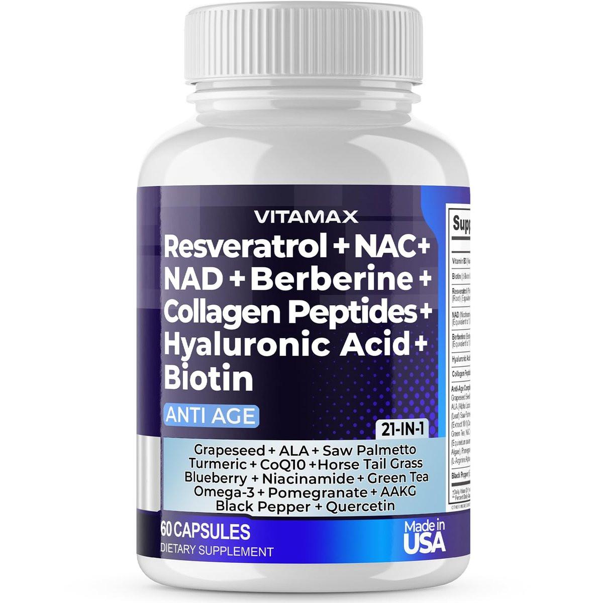Resveratrol NAD+ Berberine Hyaluronic Acid - Biotin Grape & Blueberry + NAC - Collagen Peptides - Hair, Nail, Skin & Joint Supplement - 21-in-1 Women and Men - Made in USA (60 Count (Pack of 1) - görsel 14