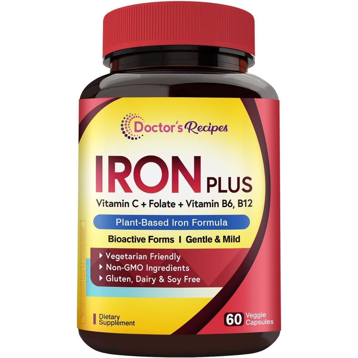 Doctor's Recipes Iron Supplement for Women Men - Gentle Iron Bisglycinate with Vitamin C, B6, Folate & B12, Stomach Friendly Iron Pills, 60 Vegan Caps - görsel 18