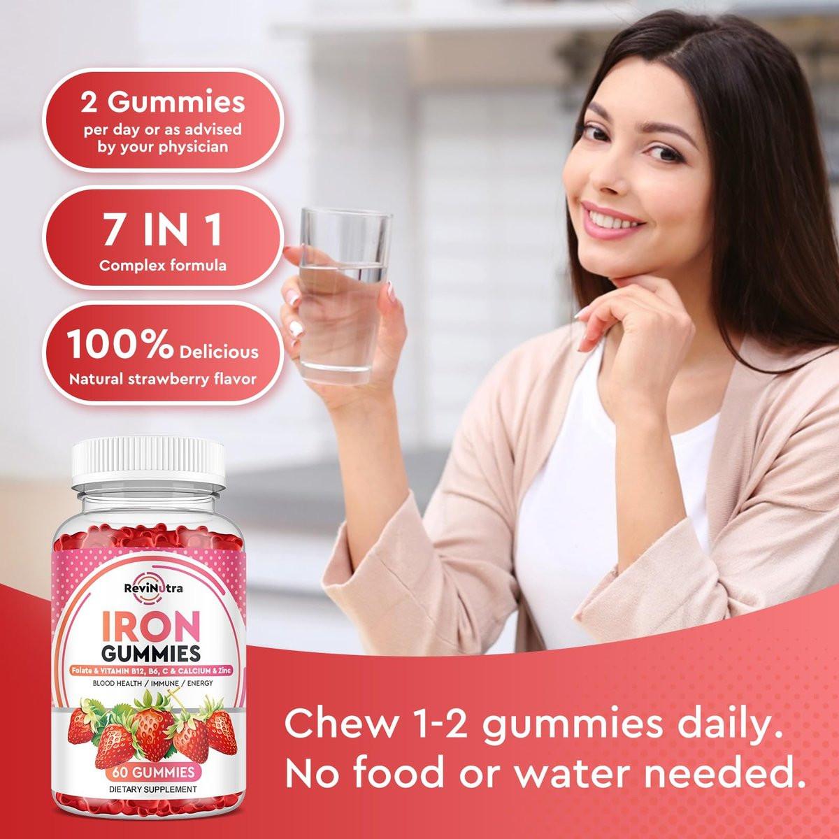 Iron Gummies - with Calcium, Zinc, Folate & Vitamin B12, C, B6 for Adults & Kids - Blood Builder & Energy Support for Iron Deficiency, Anemia, Vegan - 60 Gummies - görsel 12