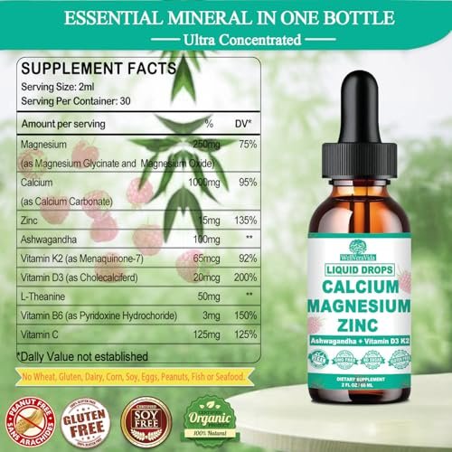 Calcium Magnesium Zinc D3 with Calm Magnesium Glycinate Plus Ashwagandha, L-Theanine, Liquid Calcium with Vitamin D3 and Magnesium Supplement for Immune, Bone, Muscle, Mood & Sleep Support - görsel 14