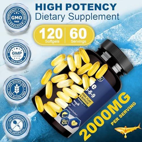 Triple Omega 3-6-9 Fish Oil 2000mg with Vitamin E - EPA & DHA Fatty Acids Supplement - Supports Heart, Brain, Eye, Joint, Skin & Immune Health - Includes Flaxseed & Borage, Non-GMO, 120 Softgels - görsel 14
