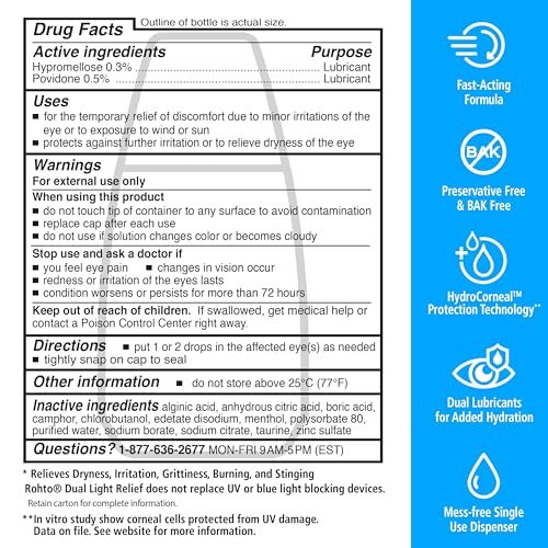 Rohto Dual Light Relief Cooling Lubricant Eye Drops, Protect Against Sun Irritation & Digital Eye Strain, Fast-Acting Relief of Dry Eyes, Grittiness, Burning & Stinging, 0.6 fl oz - görsel 14