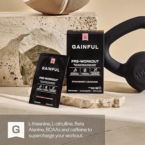 Gainful Pre Workout Powder with Natural Caffeine & L Theanine for Energy & Focus, L Citrulline & Beta Alanine for Endurance, BCAA's for Muscle Recovery, Vegan, Strawberry Lemonade, 10 Ct - görsel 12