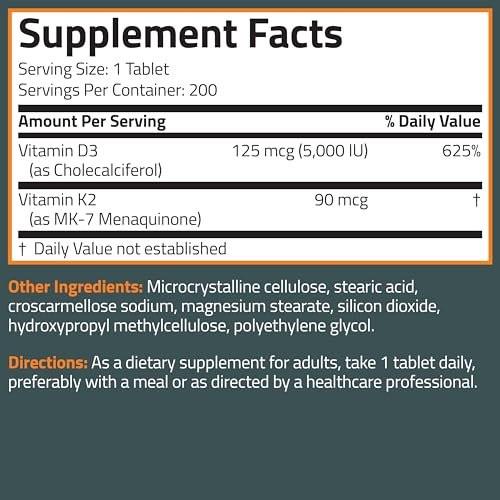 Bronson Vitamin K2 D3 (MK7) Supplement Non-GMO Formula Vitamin D3 5000IU (125 mcg) & 90 mcg K2 MK-7, Easy to Swallow D & K Complex, 200 Tablets - görsel 16