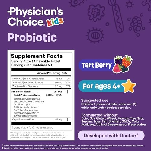 Physician's CHOICE Probiotics for Kids - 7 Diverse Strains, Organic Prebiotics, Vitamins & Minerals - Clinically Studied L. Rhamnosus - Immune & Digestive Support - No Sugar or Artificial Dyes - 60ct - görsel 10