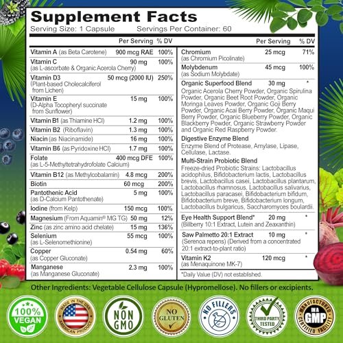 Men's Daily Multivitamin 50 Plus - Vegan Methylated Multivitamin for Men 50 and Over - Saw Palmetto, Biotin, Organic Superfoods, Lutein - Eye, Energy, Gut, Health Support - Easy to Swallow Capsules - görsel 12