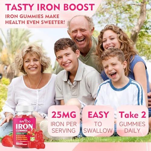 Vegan Iron Gummies for Adults & Kids - with Vitamin C, A, B-Complex, Folate, Zinc, and Biotin - for Blood Building & Energy Support, 60 Gummies - görsel 14