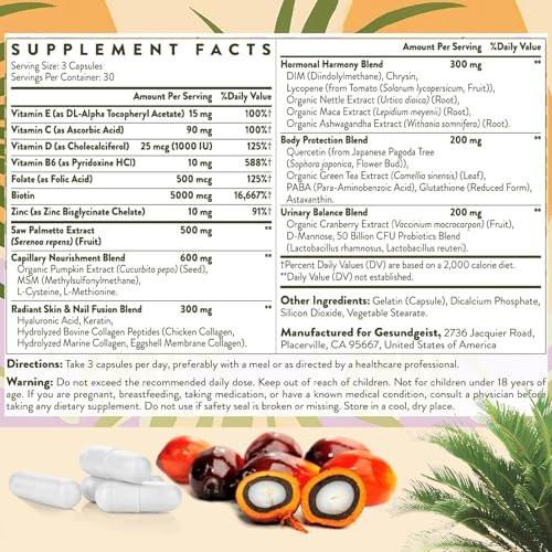 Gesundgeist Saw Palmetto for Women Hair Loss - DHT Blocker with 5-in-1 Blend for Hair Growth, Skin & Nails, Urinary Wellness - Extra Strength Saw Palmetto Supplement - 90 Capsules - görsel 12