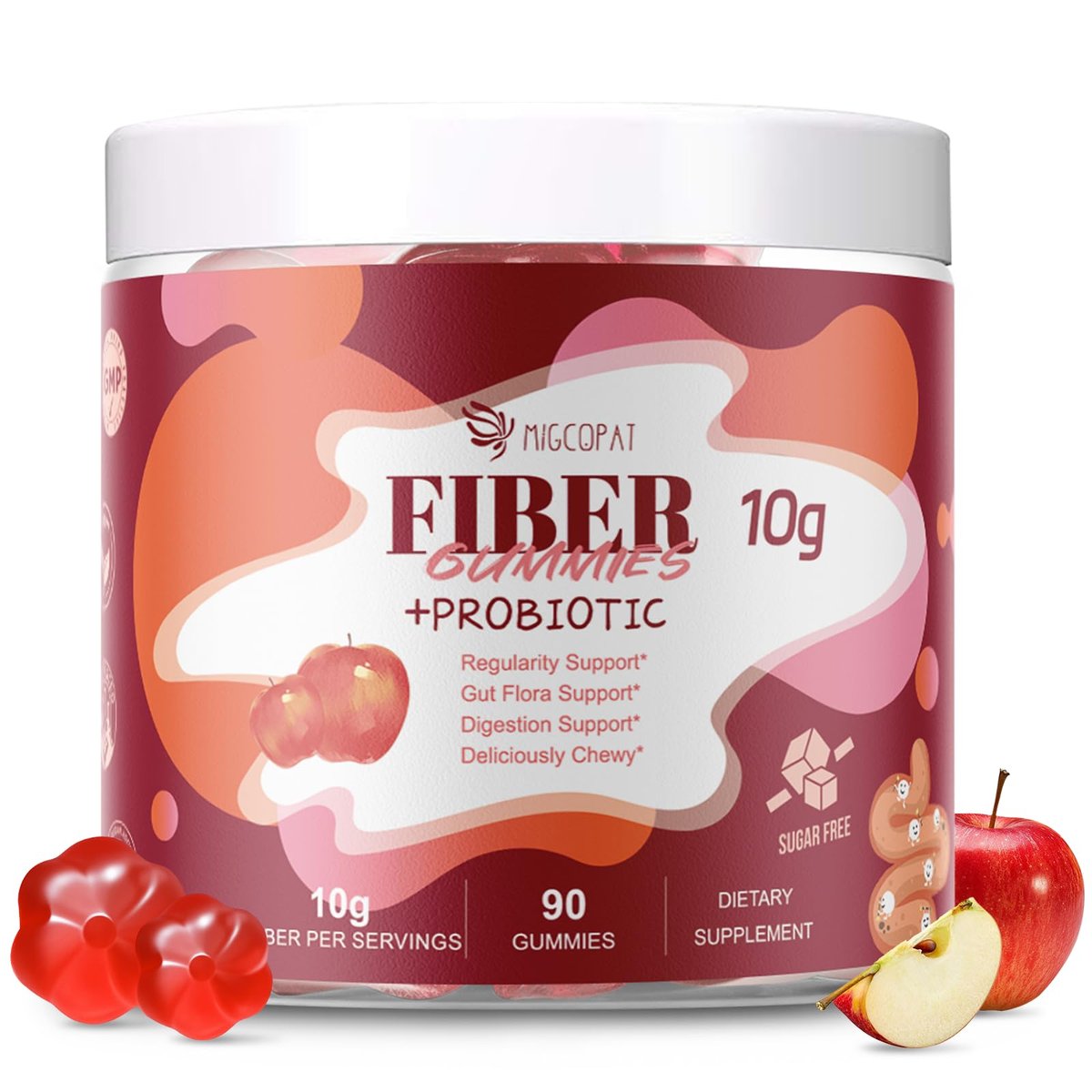 Migcopat Fiber Gummies with Probiotics, 10G Fiber per Serving No Sugar Added Apple Flavor, with 10 Billion CFU Probiotics Blend, Apple Cider Vinegar, Vitamin C, Inulin, Bloating Support 90 Count - görsel 18