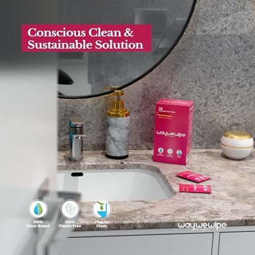 Waywewipe On-The-Go Flushable Feminine Wet Wipes, 32 Count XL Individually Wrapped Female Wipes, Hypoallergenic 100% Plant Based Septic Safe, Travel Size Adult Cleansing Cloth for Women, Rosewater - görsel 16