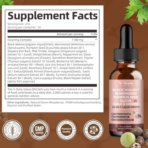 Totaria 20 in 1 Black Walnut Wormwood Tincture - Clove, Pumpkin Seed, Garlic, Oregano, Berberine - Gentle Gut Cleanse & Digestive Health - Alcohol-Free, Gut-Friendly - Raspberry Flavor - 2 Fl Oz - görsel 14