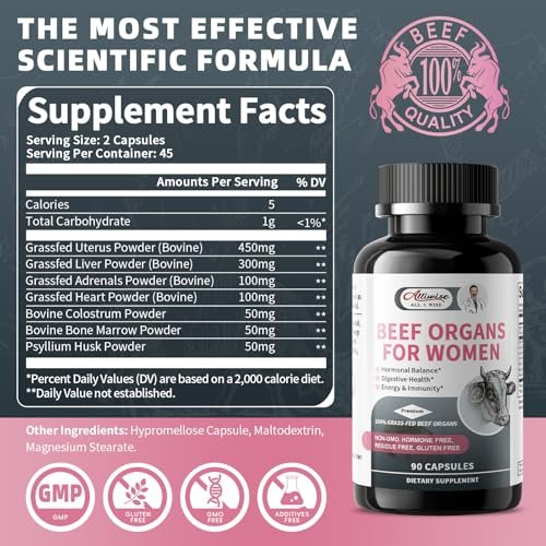 Alliwise Beef Organ Supplement for Women - Supports Female Hormonal Balance, Energy & Overall Wellness, 100% Grass Fed Beef Organs Complex: Liver, Uterus, Heart & 3 More (2 Capsules Daily) - görsel 16