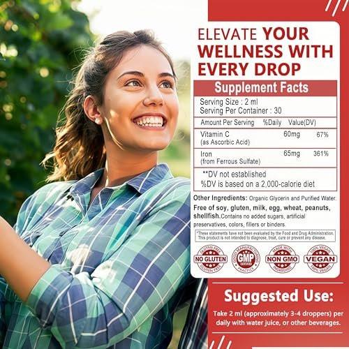 Iron Supplement Liquid Drops, High Absorption Iron Supplement for Women 65 mg, Liquid Iron for Red Blood Cell Support*, Vegan Essential Mineral Iron Drops with Vitamin C, Non-GMO, 30 Servings - görsel 14