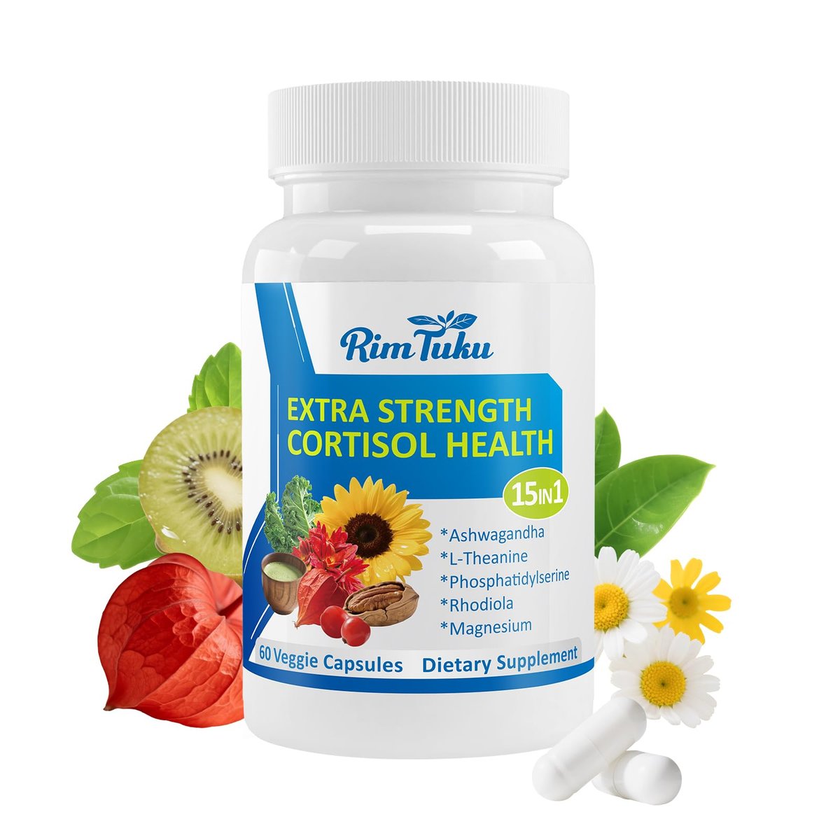 RimTuku Cortisol Supplements for Women & Men -15-in-1 Cortisol Detox for Women, Cortisol Manager & Reducer with Ashwagandha, Rhodiola Rosea Supports Stress Relief, Adrenal Balance, 60 Capsules - görsel 12