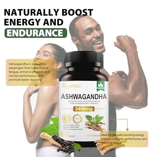 Royavita Ashwagandha Supplements 2400mg Organic with Black Pepper Vitamin B12 & B6 for Max Absorption Stress Relief Athletic Performance for Men & Women 60 Capsules - görsel 14