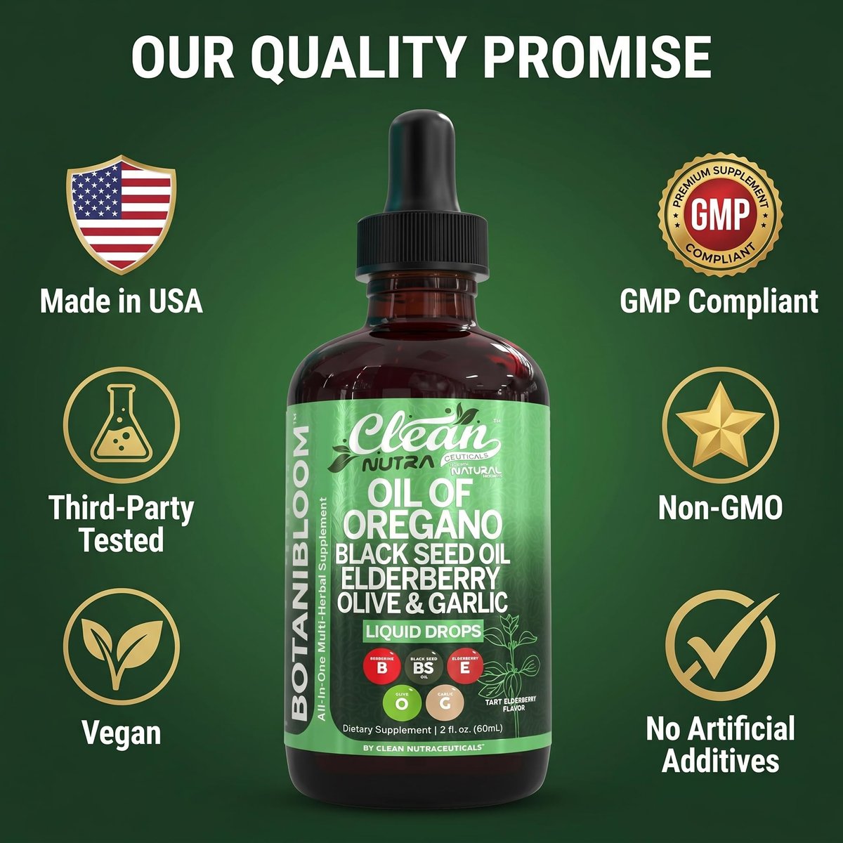 Clean Nutra Oil of Oregano Drops Black Seed Oil Elderberry Vitamin D D3 K2 Olive Garlic Immune Support Supplement Zinc Supplements Liquid 2 Fl Oz Vegan - görsel 16