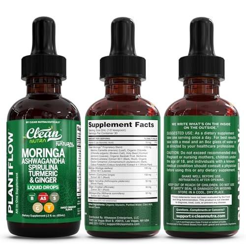 Clean Nutra Moringa Supplement Drops Ashwagandha Spirulina Chlorella Turmeric & Ginger Liquid Barley Grass with Chlorophyll Blue Green Algae Vitamin C Antioxidant Holy Basil Ceylon Cinnamon PlantFlow - görsel 18
