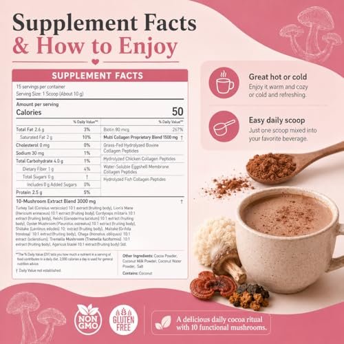 Suiyilary 10 Mushroom Hot Cocoa, 1500mg Collagen, 80mcg Biotin, Sugar Free Keto Cocoa Powder, for Healthy Hair, Skin and Nails, 15 Servings - görsel 18