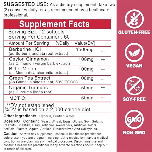 Berberine with Ceylon Cinnamon - Berberine Supplement 1500mg with Bitter Melon Turmeric for Metabolism, Immune & Digestive Health - High Absorption Extra Strength Berberine Softgels - Vegan, Non-GMO - görsel 16