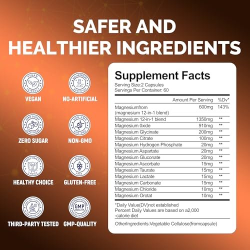 Magnesium Complex for Women & Men 600mg, 12-in-1 High Absorption Magnesium Glycinate, Citrate, Malate & Taurate | Relieve Cramps, Stress, Sleep | Heart, Bone & Nerve Health | 120 Vegan Capsules - görsel 16