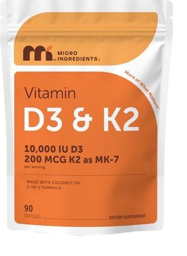 Micro Ingredients Vitamin D3 10,000 IU + K2 MK-7 200 mcg Per Serving, 90 Softgels | Extra Strength 2-in-1 D3 K2 Supplement | Easy-to-Swallow Softgels Made with Coconut Oil | Non-GMO, Gluten Free - görsel 14