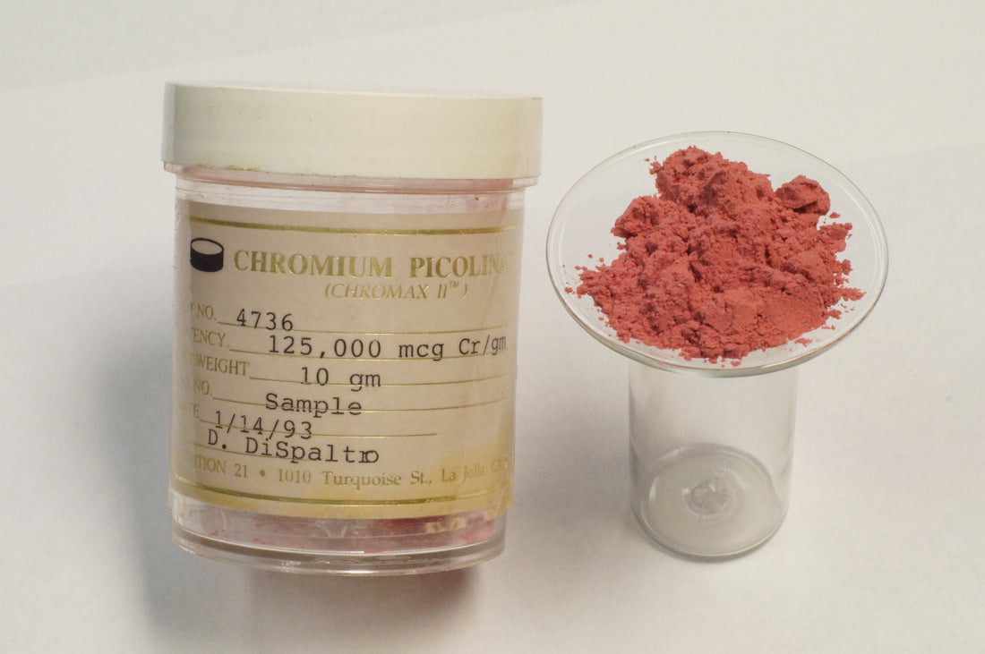 Bottle of chromium picolinate supplement for blood sugar support on a wooden table
