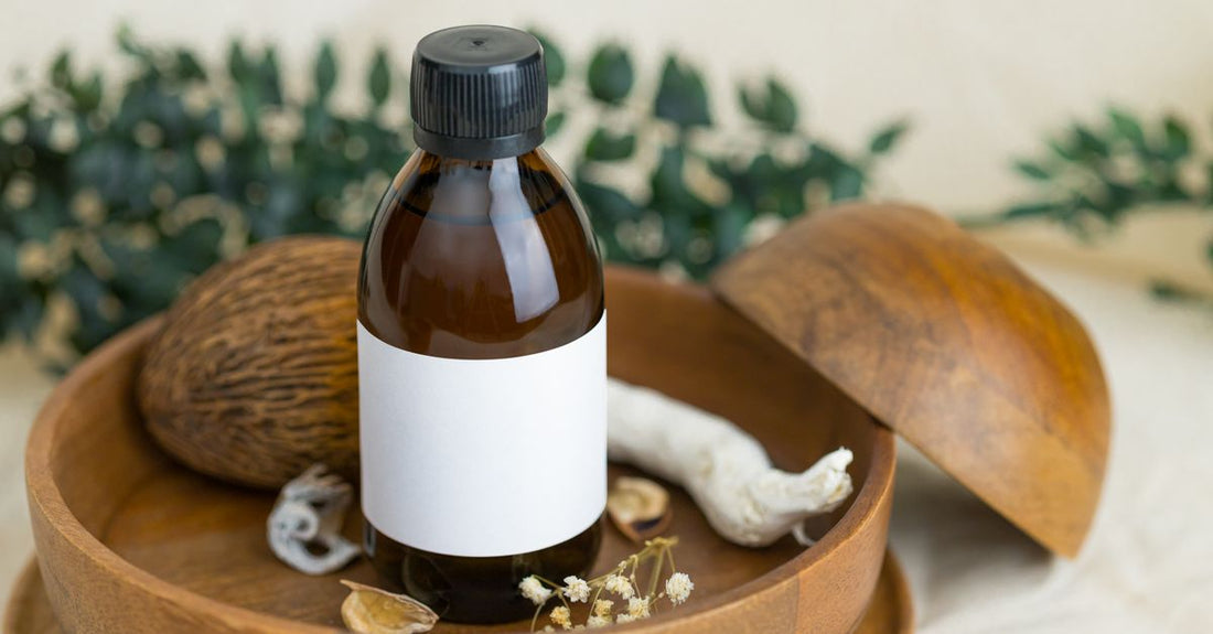 Bottle of eucalyptus oil for congestion relief placed on a steamy bathroom shelf