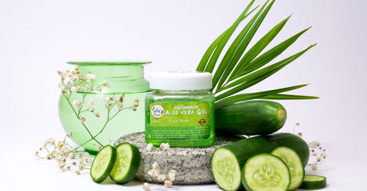 Aloe vera buying guide UK—a clear aloe vera gel bottle next to a fresh cut leaf on a light marble surface, showcasing pure natural skincare.