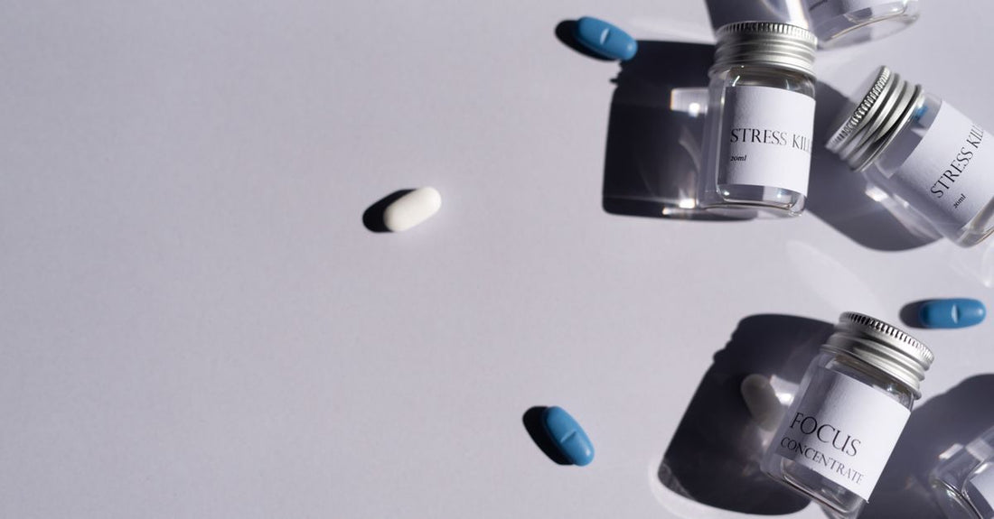 A white supplement bottle of dim supplement for acne placed on a clean surface.