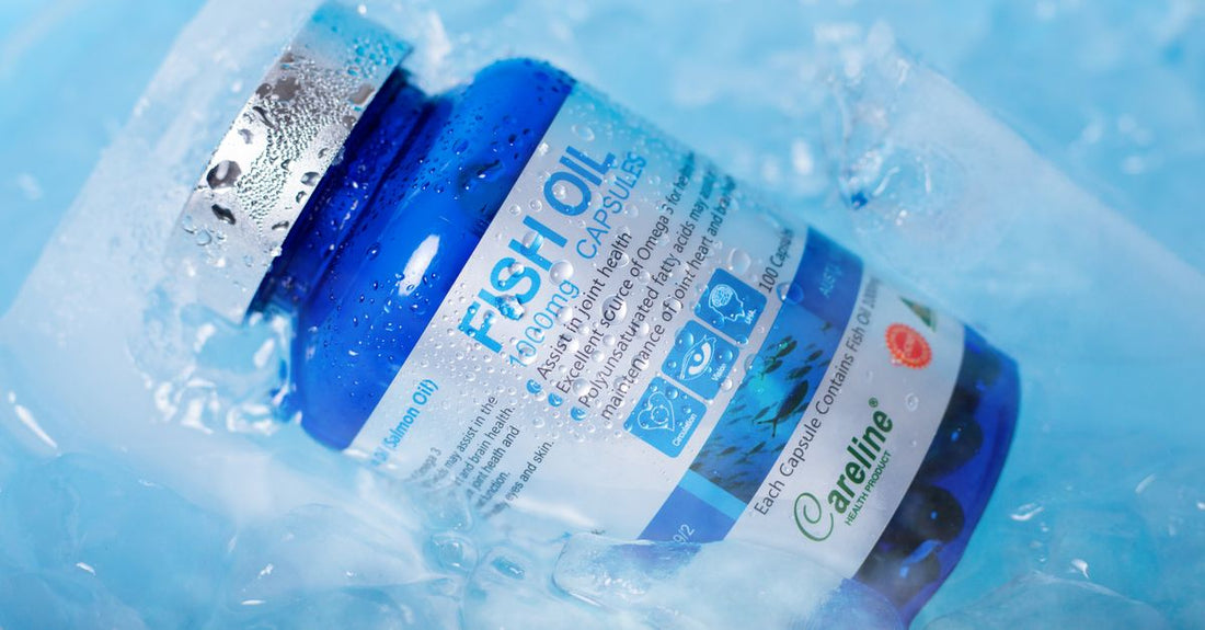 Bottle of flaxseed oil capsules on a clean white surface, showcasing the supplement's packaging and softgel form.