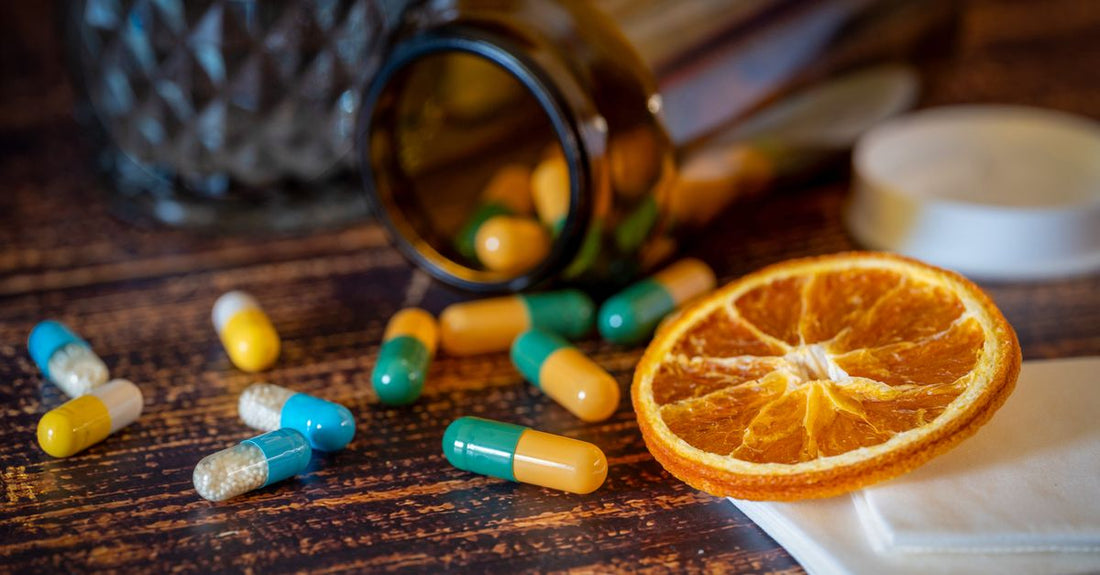 Bottle of citrus bioflavonoids supplement capsules on a clean white background, showcasing the product.