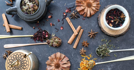 Ayurvedic skin care buying guide featuring natural ingredients like turmeric and neem on a wooden surface.