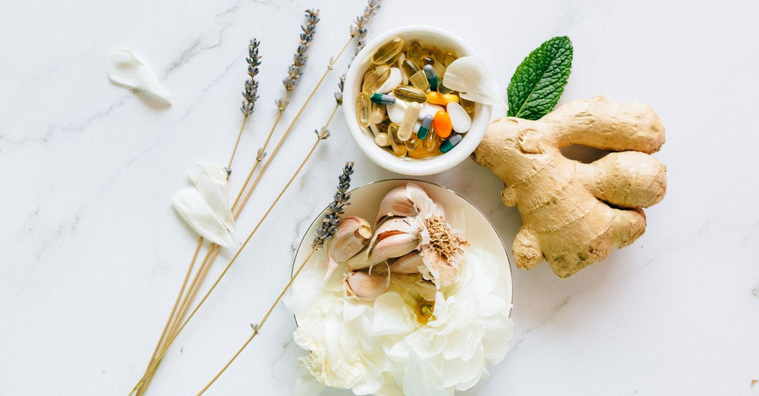 Bottle of ginger root capsules for inflammation relief on a clean white background