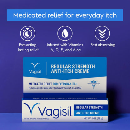 Vagisil Regular Strength Anti-Itch Feminine Cream for Women, Gynecologist Tested, Hypoallergenic, Fast-acting and Long-lasting Itch Relief, Vaginal Moisturizer Soothes and Cools, 1 oz (Pack of 1)