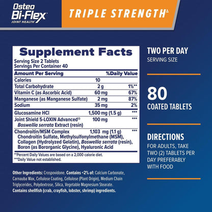 Osteo Bi-Flex Triple Strength Glucosamine Chondroitin Supplement, Improve Joint Function, Strength, Flexibility, Mobility 80 Coated Tablets